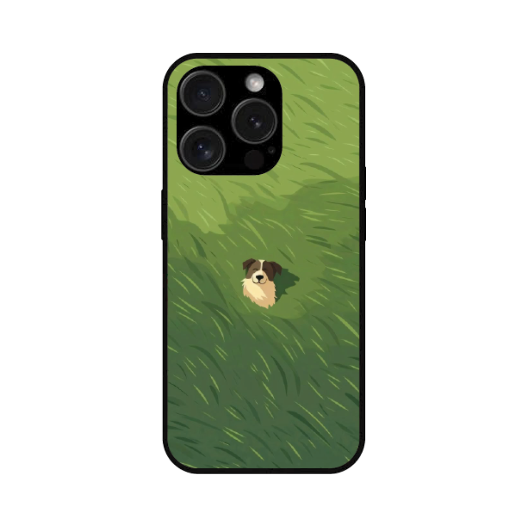 iPhone 15 Pro Case – Premium Artistic Phone Cover (Metal Glass Finish) – ‘The dog in the Grass Field’ by Libaadah