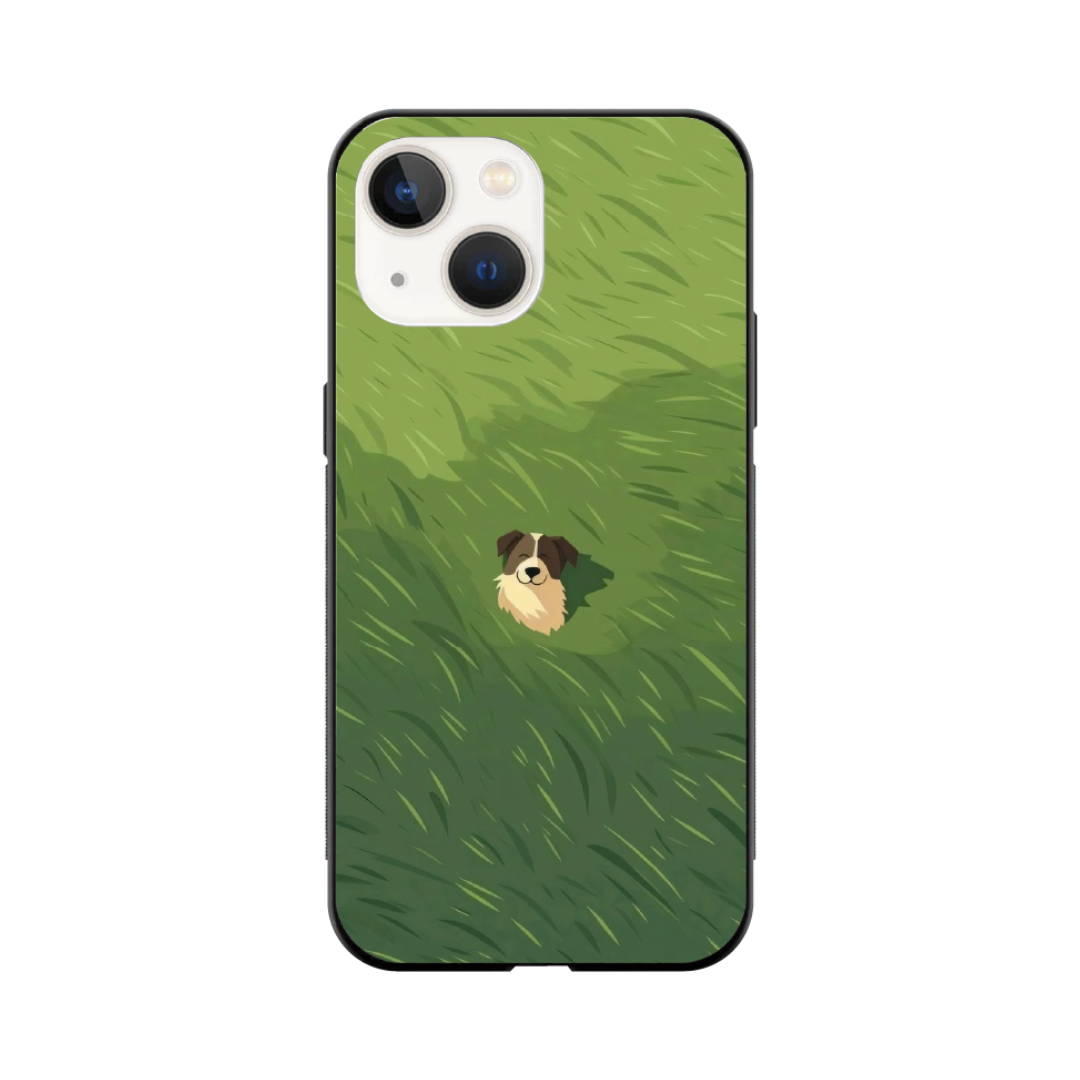iPhone 14 Case – Premium Artistic Phone Cover (Metal Glass Finish) – ‘The dog in the Grass Field’ by Libaadah