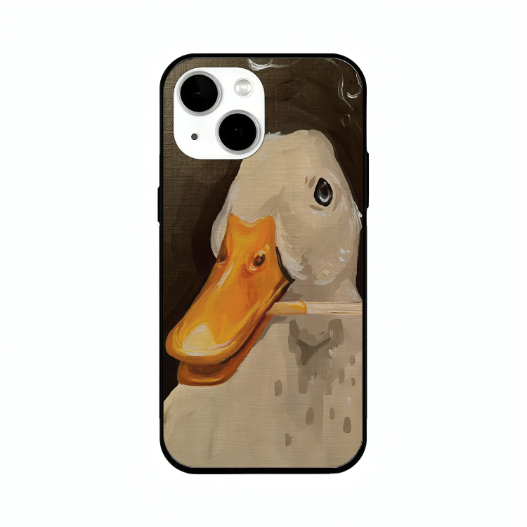 iPhone 13 mini case featuring 'An Existential Duck' Artwork by Libaadah – premium artistic design with metal-glass finish