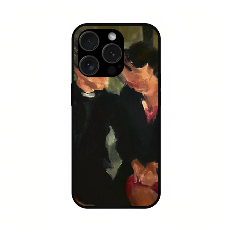 iPhone 15 Pro Max case featuring 'The Melancholy of Happy Hours' Artwork by Libaadah – premium artistic design with metal-glass finish