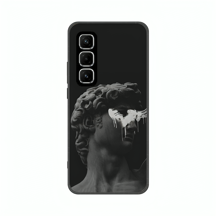 Infinix Hot 50 case featuring 'Even Statues Bleed' Artwork by Libaadah – premium artistic design with metal-glass finish