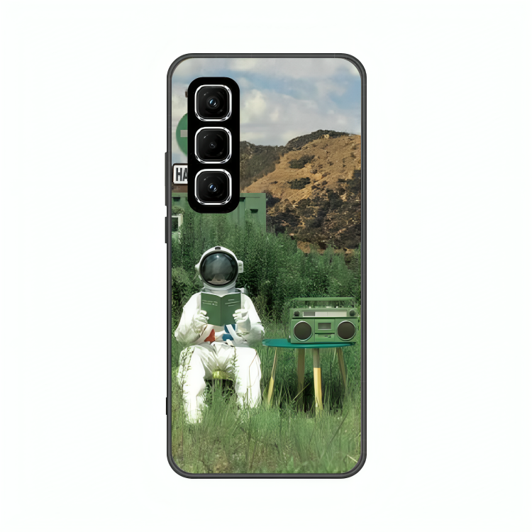 Infinix Hot 50 case featuring 'The Absence Beneath Happiness' Artwork by Libaadah – premium artistic design with metal-glass finish