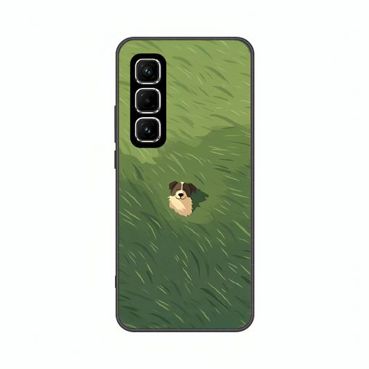 Infinix Hot 50 case featuring 'The dog in the Grass Field' Artwork by Libaadah – premium artistic design with metal-glass finish