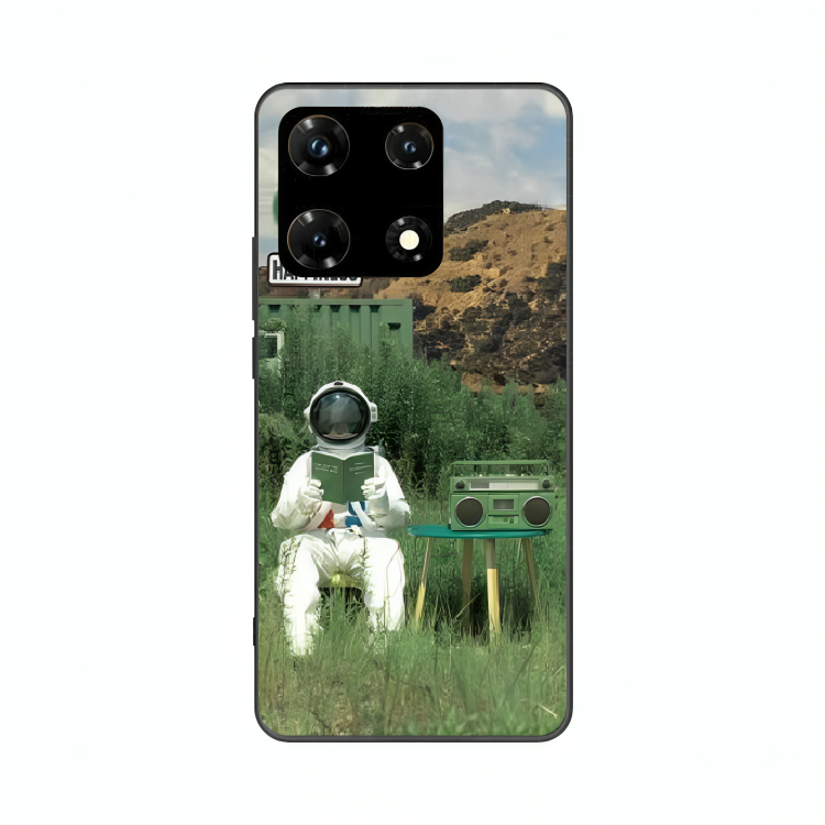 Infinix Note 30 Pro case featuring 'The Absence Beneath Happiness' Artwork by Libaadah – premium artistic design with metal-glass finish