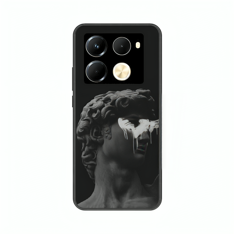 Infinix Note 40 Pro case featuring 'Even Statues Bleed' Artwork by Libaadah – premium artistic design with metal-glass finish