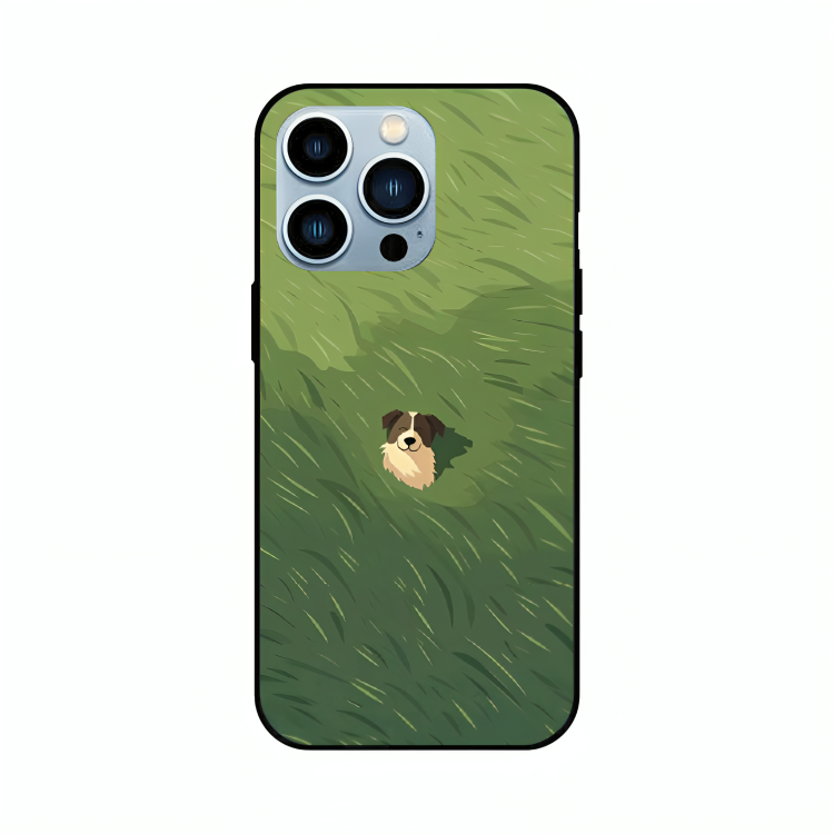 iPhone 12 Pro Max case featuring 'The dog in the Grass Field' Artwork by Libaadah – premium artistic design with metal-glass finish