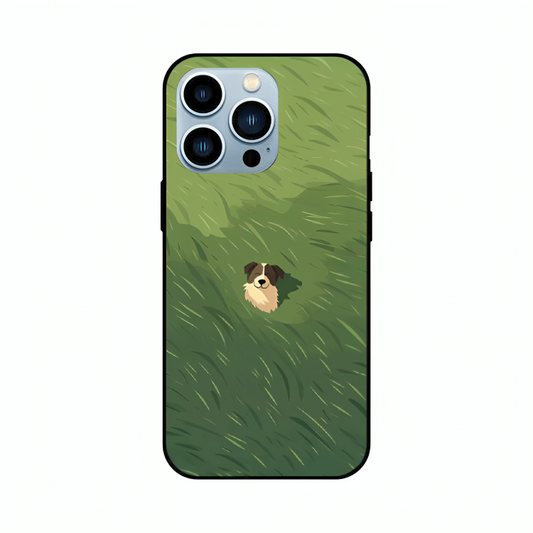 iPhone 12 Pro Max case featuring 'The dog in the Grass Field' Artwork by Libaadah – premium artistic design with metal-glass finish