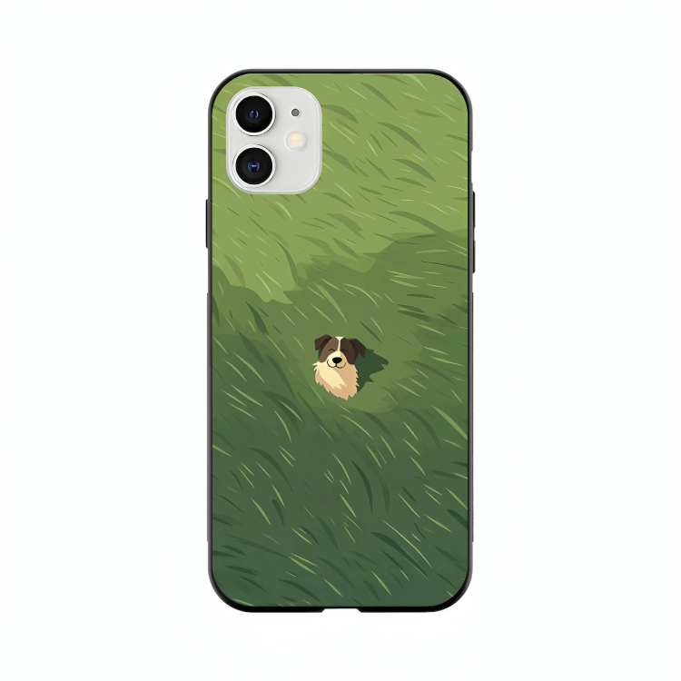 iPhone 12 case featuring 'The dog in the Grass Field' Artwork by Libaadah – premium artistic design with metal-glass finish