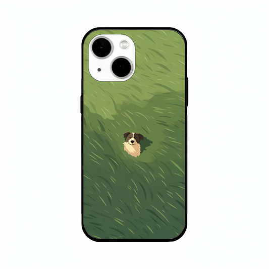iPhone 13 case featuring 'The dog in the Grass Field' Artwork by Libaadah – premium artistic design with metal-glass finish