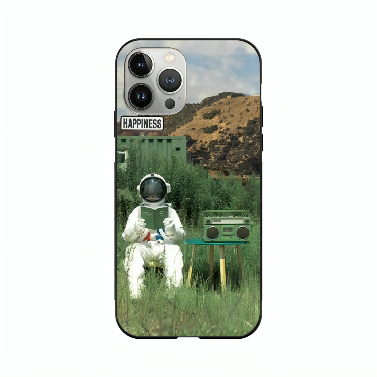iPhone 14 Pro case featuring 'The Absence Beneath Happiness' Artwork by Libaadah – premium artistic design with metal-glass finish