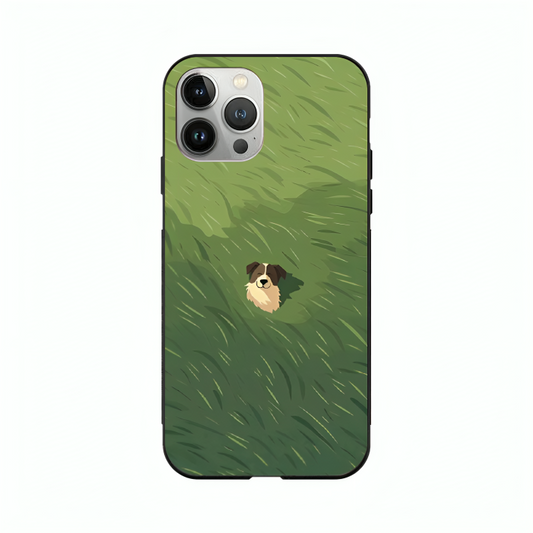 iPhone 14 Pro case featuring 'The dog in the Grass Field' Artwork by Libaadah – premium artistic design with metal-glass finish