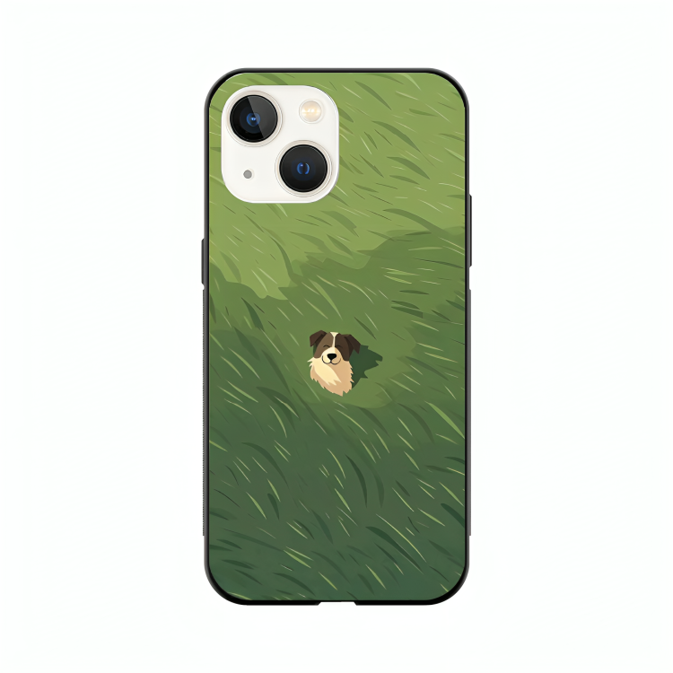 iPhone 15 Plus case featuring 'The dog in the Grass Field' Artwork by Libaadah – premium artistic design with metal-glass finish