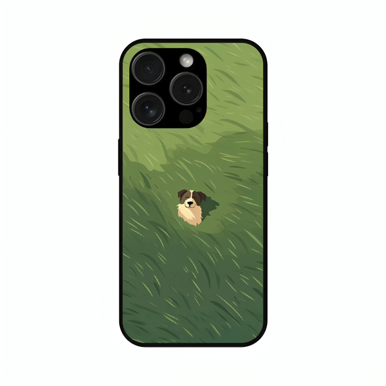 iPhone 15 Pro Max case featuring 'The dog in the Grass Field' Artwork by Libaadah – premium artistic design with metal-glass finish
