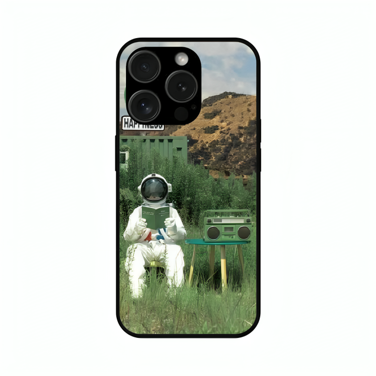 iPhone 15 Pro case featuring 'The Absence Beneath Happiness' Artwork by Libaadah – premium artistic design with metal-glass finish