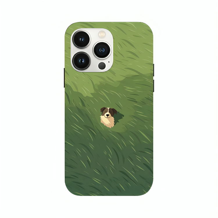 iPhone 16 Pro Max case featuring 'The dog in the Grass Field' Artwork by Libaadah – premium artistic design with metal-glass finish